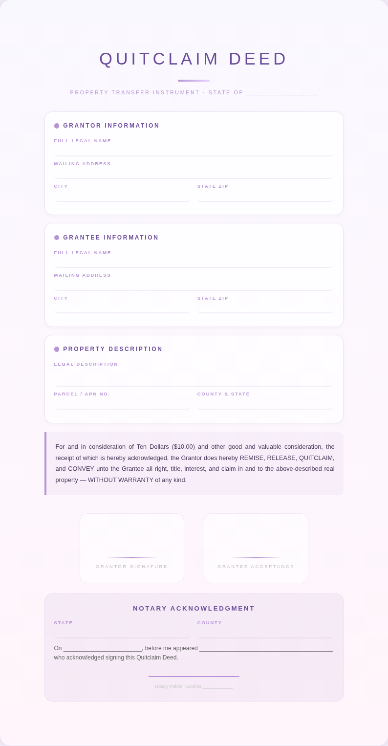 Lavender dream quitclaim deed